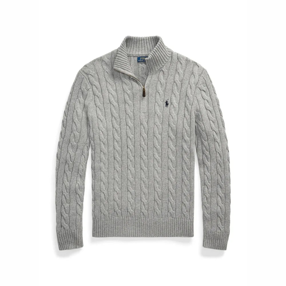 Light grey marl cable-knit quarter-zip jumper laid flat, highlighting the raised cable pattern and ribbed cuffs