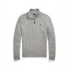 Light grey marl cable-knit quarter-zip jumper laid flat, highlighting the raised cable pattern and ribbed cuffs