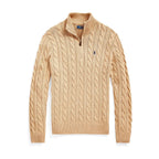 Beige cable-knit quarter-zip jumper laid flat, showing the rib-knit hem and contrast navy embroidered pony logo