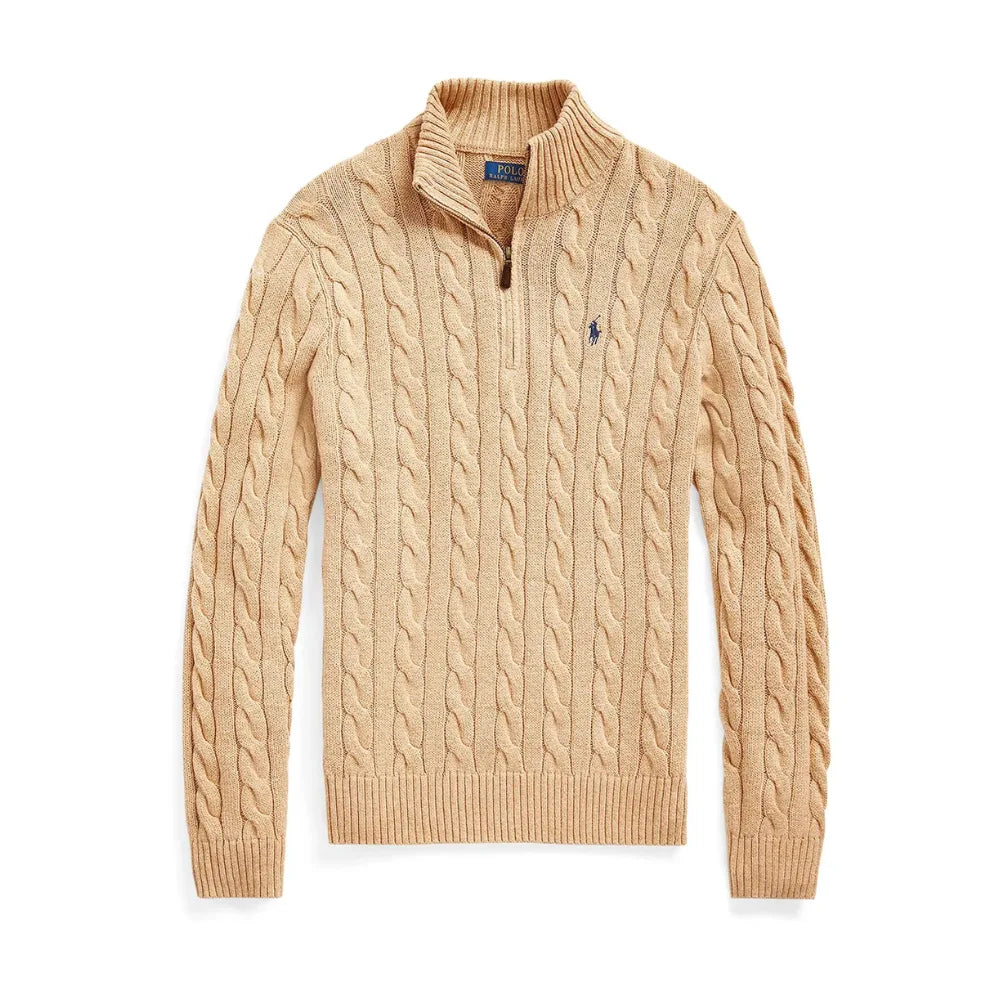 Beige cable-knit quarter-zip jumper laid flat, showing the rib-knit hem and contrast navy embroidered pony logo