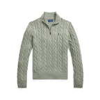 Sage green cable-knit quarter-zip jumper laid flat, showing the ribbed mockneck collar and zip placket detail