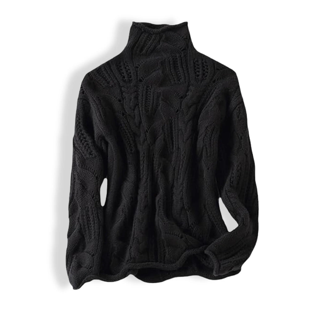 Black cable-knit polo neck jumper laid flat against a white background, showing ribbed collar and cuffs