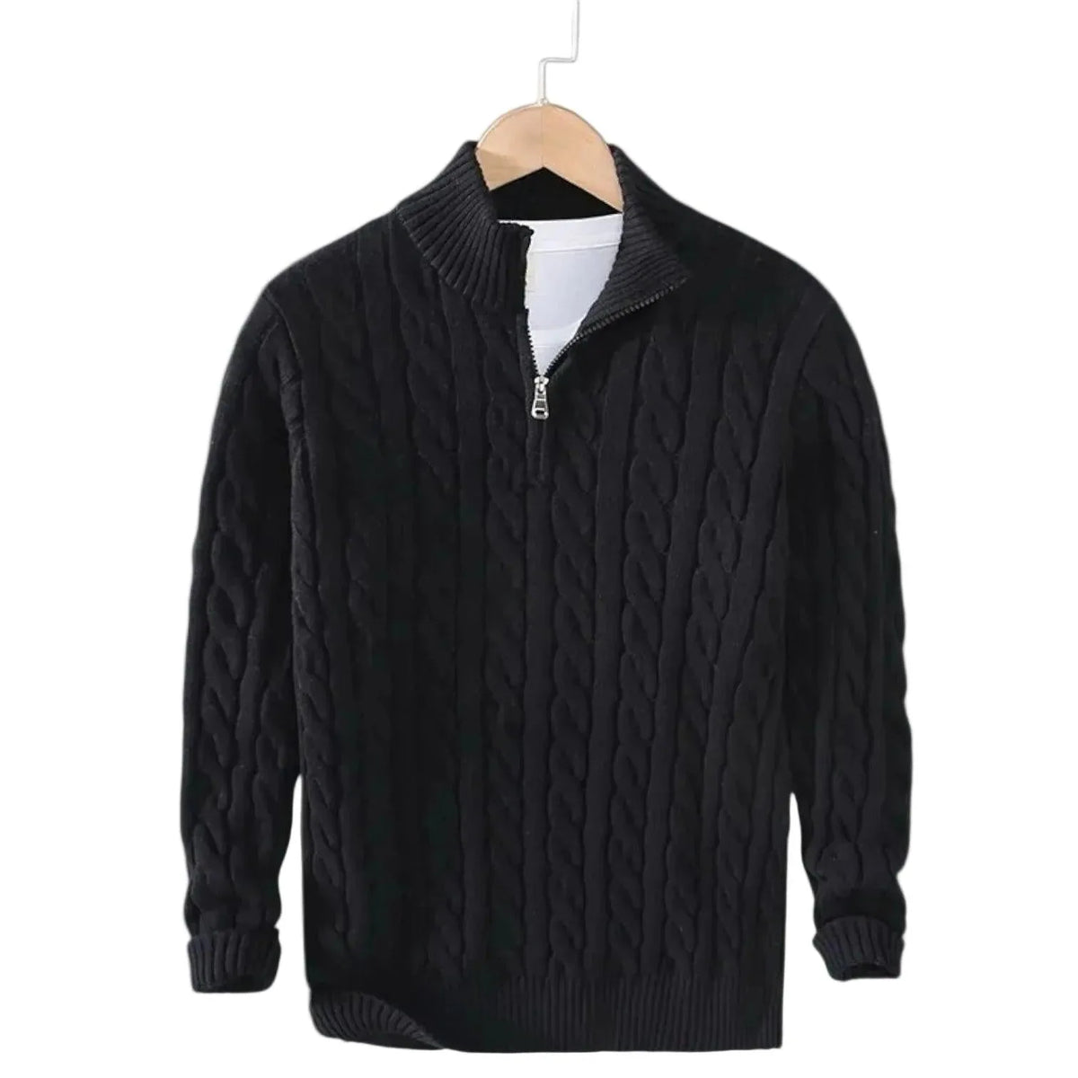 Black cable-knit quarter-zip jumper with ribbed stand collar displayed on a wooden hanger