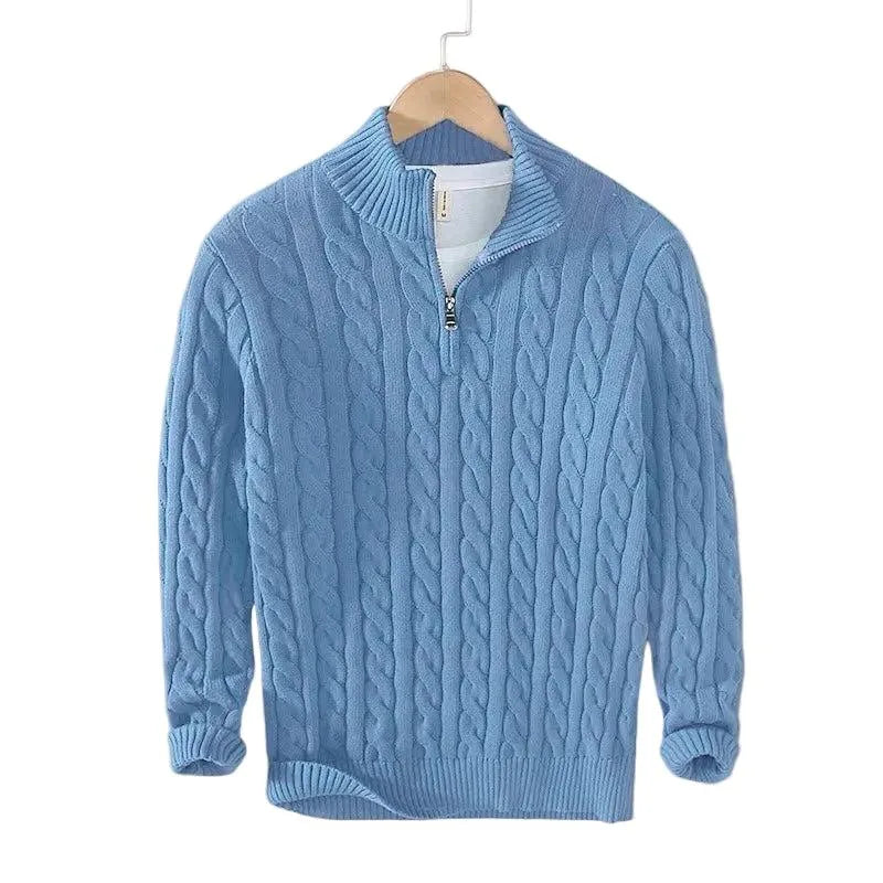 Light blue cable-knit quarter-zip jumper with ribbed cuffs and hem shown hanging flat