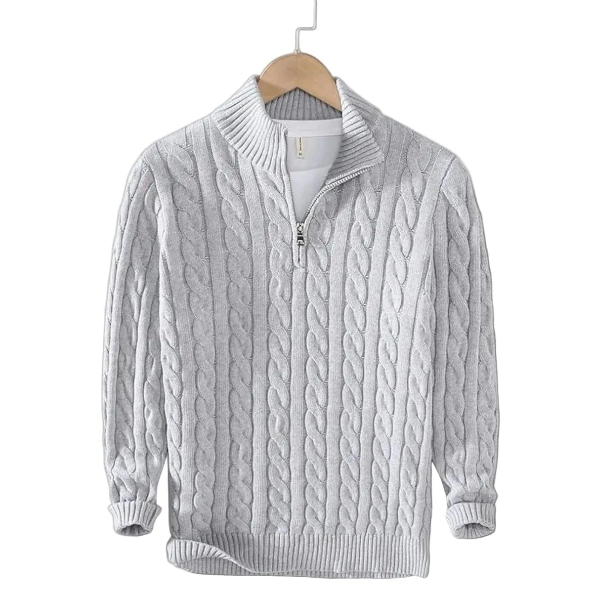 Light grey marl cable-knit quarter-zip jumper with half-zip stand collar on a hanger