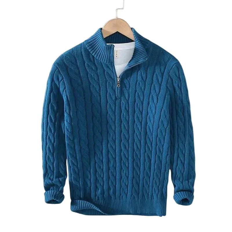 Teal blue cable-knit quarter-zip jumper with ribbed trim shown against a plain background
