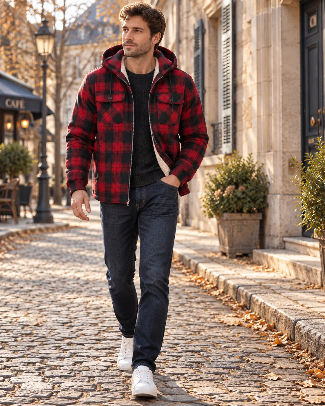 Man in a red and black checked hooded jacket with sherpa lining, worn open over a dark knit jumper and jeans
