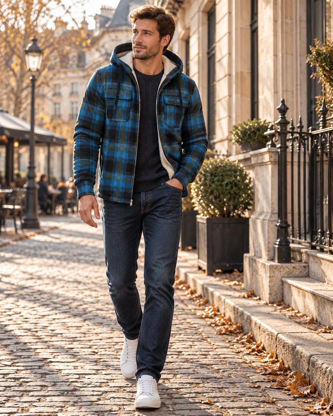 Close-up walking shot of a blue and black checked zip-up hooded jacket with sherpa lining over a dark jumper and jeans