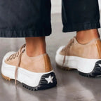 Rear view of beige suede platform trainers showing star detail on the heel and ridged tread sole.