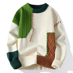Green and cream colour block jumper with rust diamond knit panel and contrast stitching detail