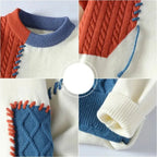 Close-up grid of collar, stitching, cuff and diamond knit panel detailing on the jumper
