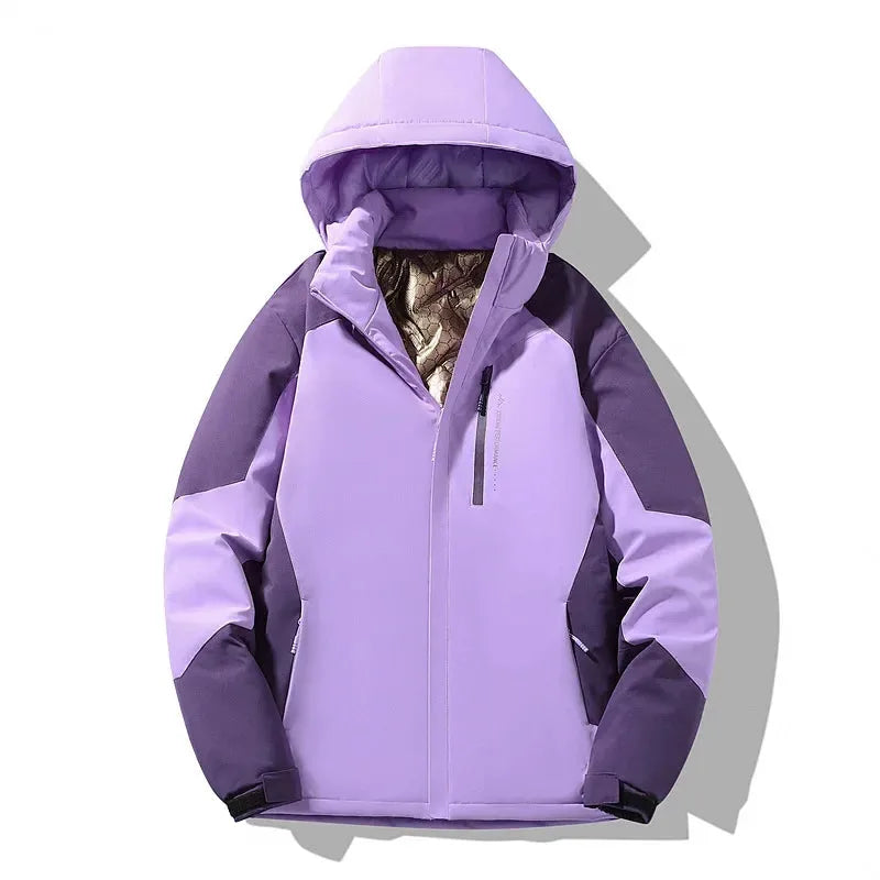 Front view of a lilac purple colourblock ski jacket with hood up, showing bronze-tone lining and chest zip pocket