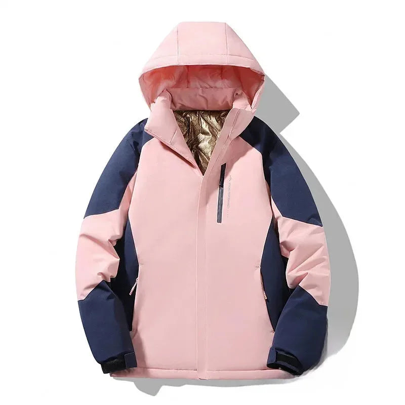 Pink and navy colourblock hooded ski jacket laid flat, showing zipped chest pocket and elasticated cuffs