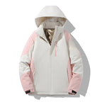 Ivory and pink colourblock winter jacket with hood, front zip closure and reflective logo detail on chest