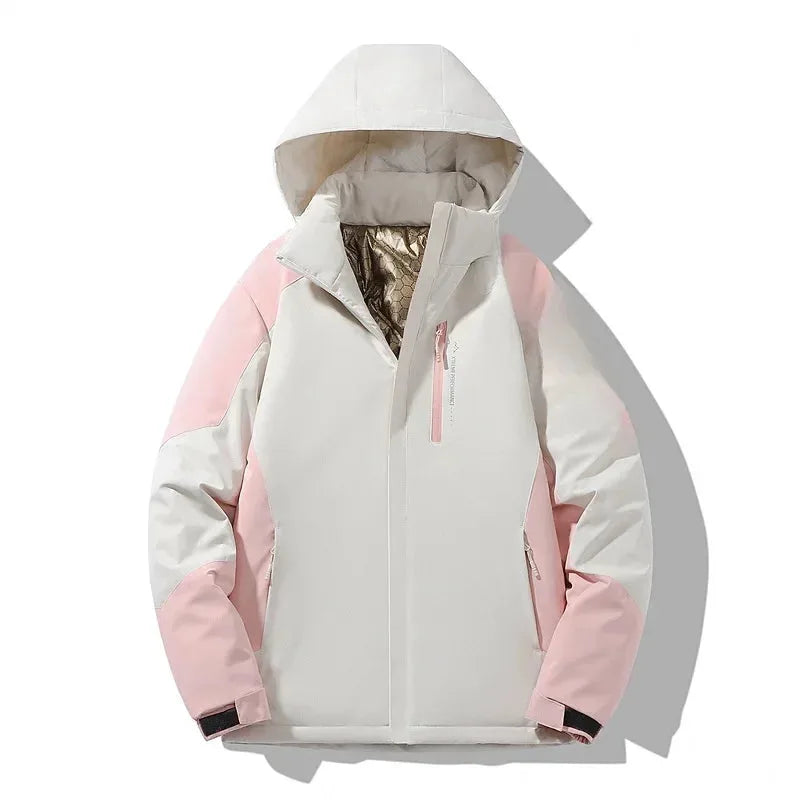 Ivory and pink colourblock winter jacket with hood, front zip closure and reflective logo detail on chest