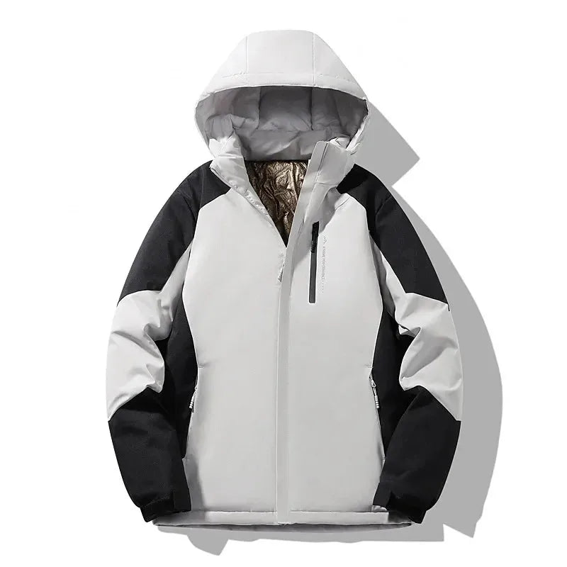 White and black colourblock hooded jacket, front view showing metallic lining peeking through the collar