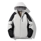 White and black colourblock hooded jacket, front view showing metallic lining peeking through the collar