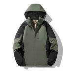 Army green and black colourblock hooded jacket, front view with toggle hood adjusters and chest pocket