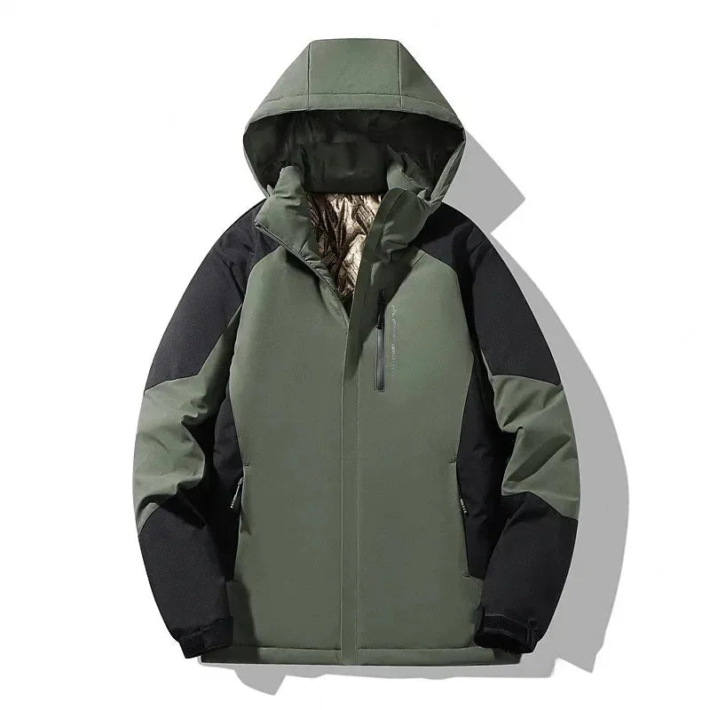 Army green and black colourblock hooded jacket, front view with toggle hood adjusters and chest pocket