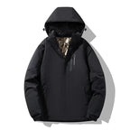 Black hooded ski jacket with metallic bronze lining visible at the collar and adjustable hood toggles