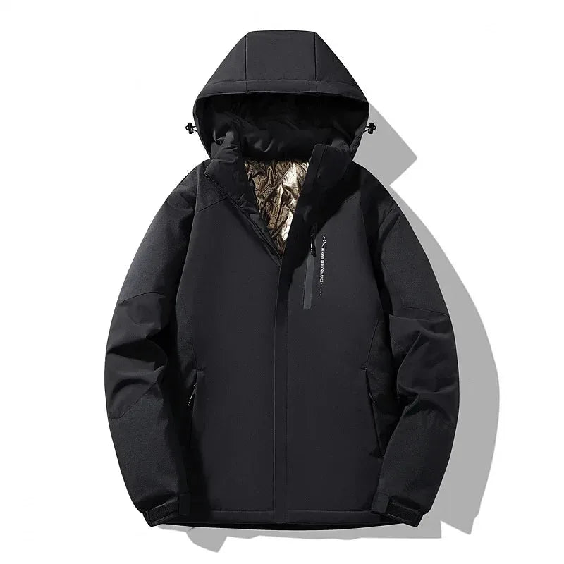Black hooded ski jacket with metallic bronze lining visible at the collar and adjustable hood toggles