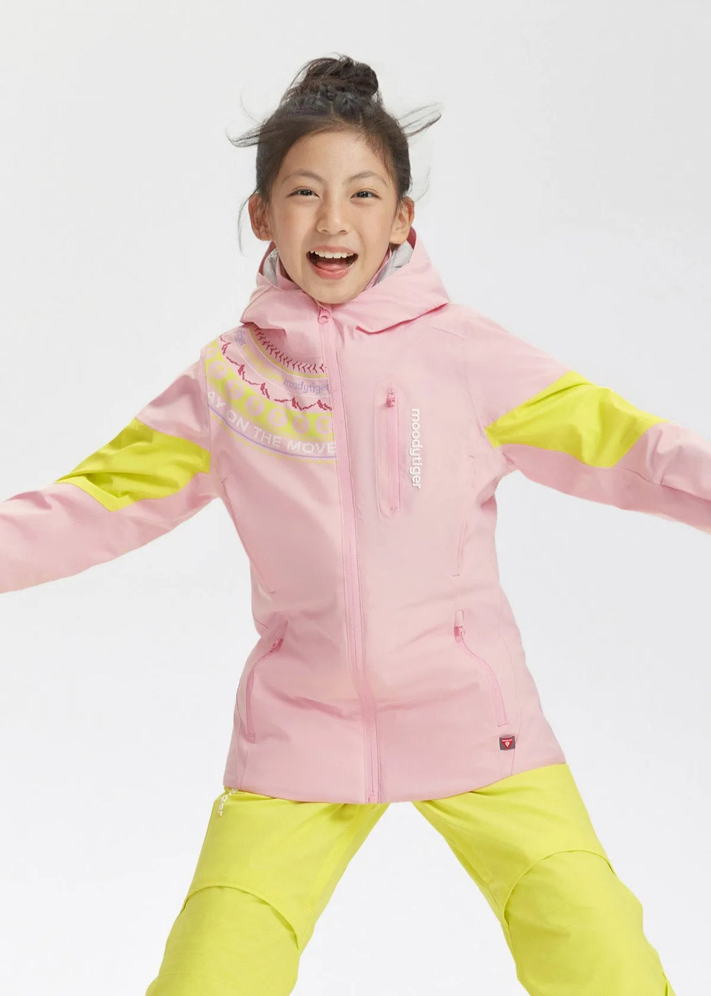 Close-up front view highlighting the zip pockets and graphic print on the pink puffer ski jacket