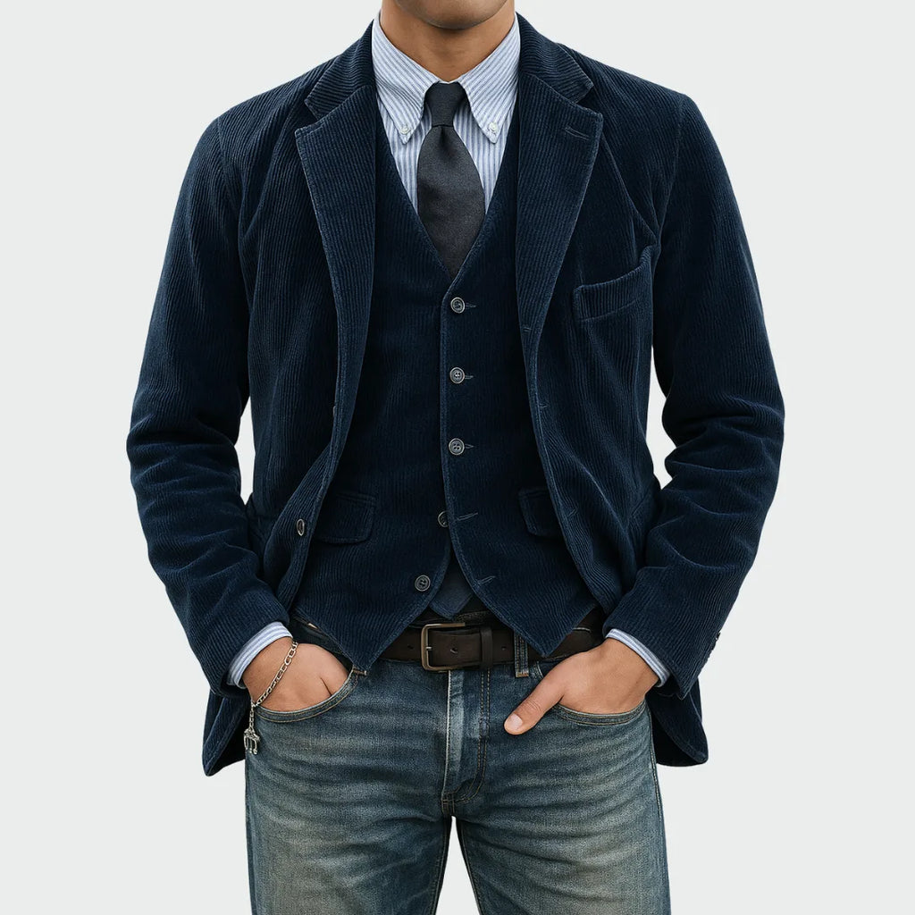 Front view of a navy corduroy blazer and waistcoat worn over a striped shirt and tie with jeans