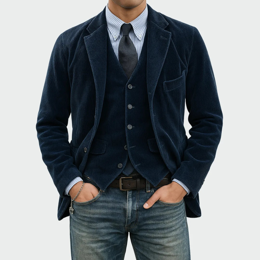 Front view of a navy corduroy blazer and waistcoat worn over a striped shirt and tie with jeans