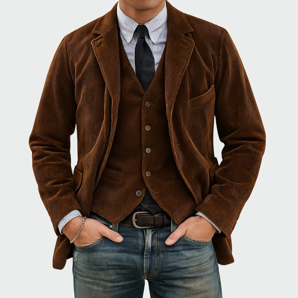 Front view of the tailored corduroy blazer and waistcoat set in rich brown, layered over a tie and shirt