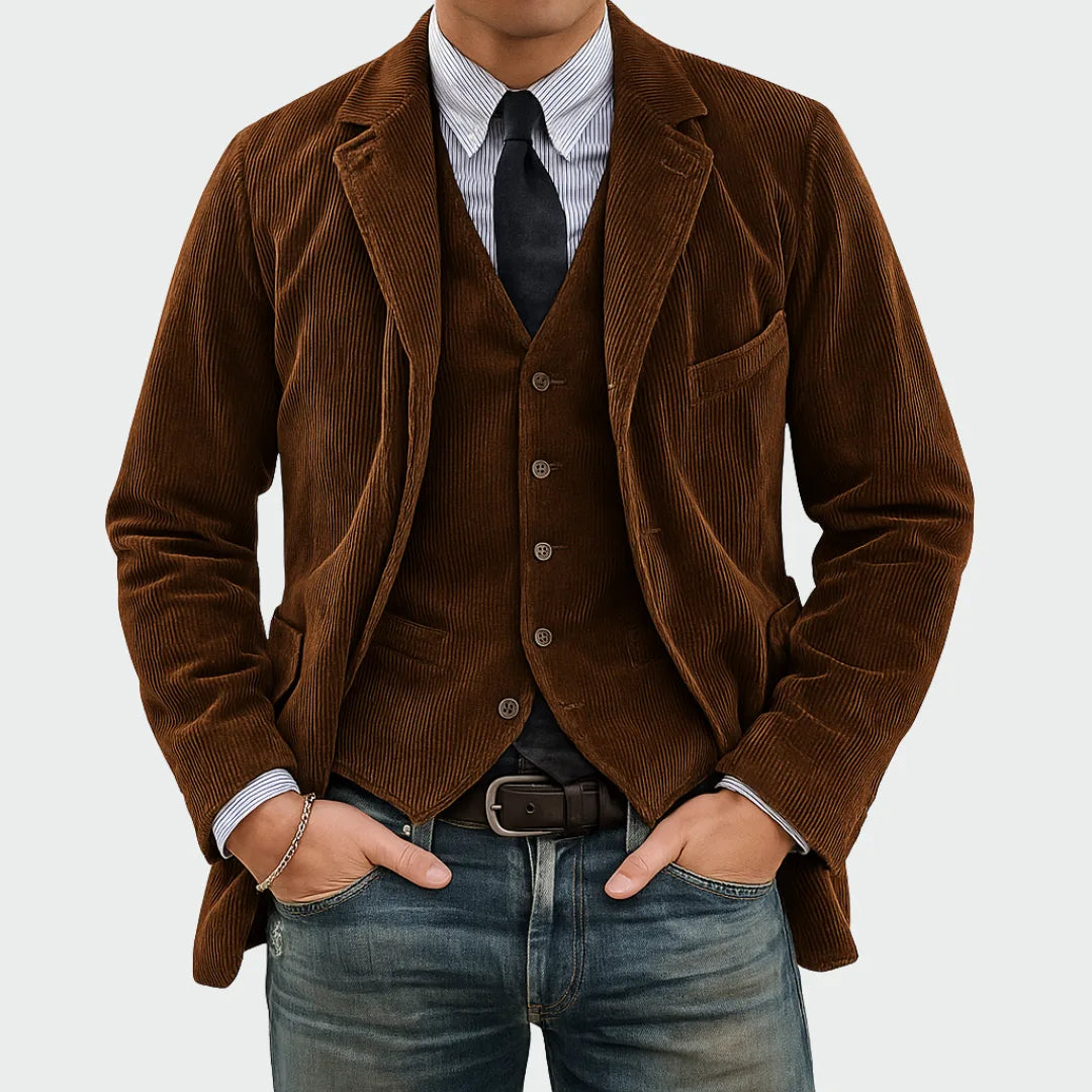 Front view of the tailored corduroy blazer and waistcoat set in rich brown, layered over a tie and shirt