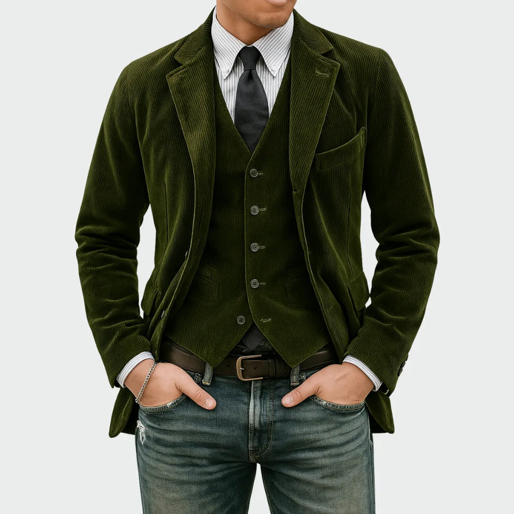 Front view of the corduroy blazer and matching waistcoat in deep olive green with denim trousers