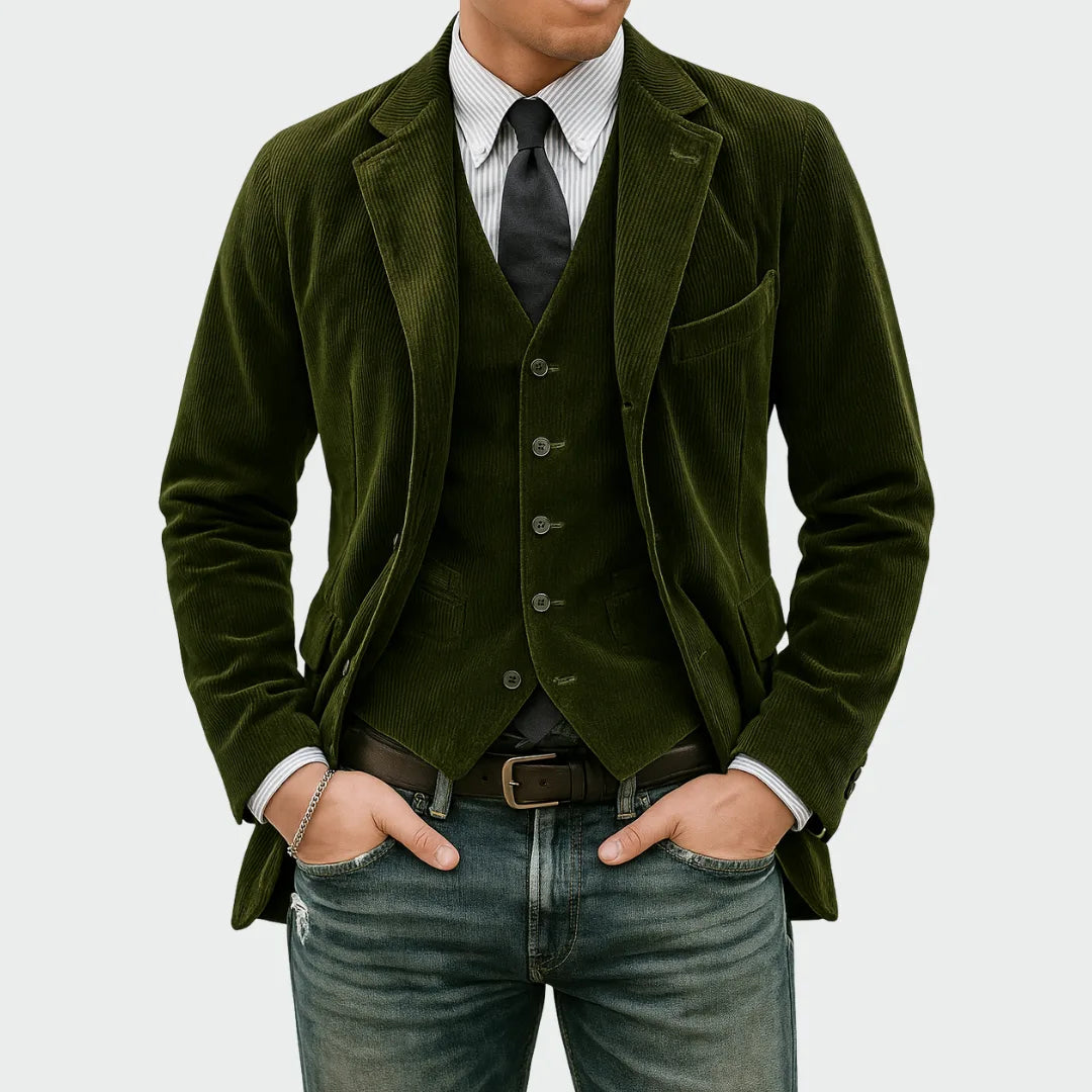 Front view of the corduroy blazer and matching waistcoat in deep olive green with denim trousers
