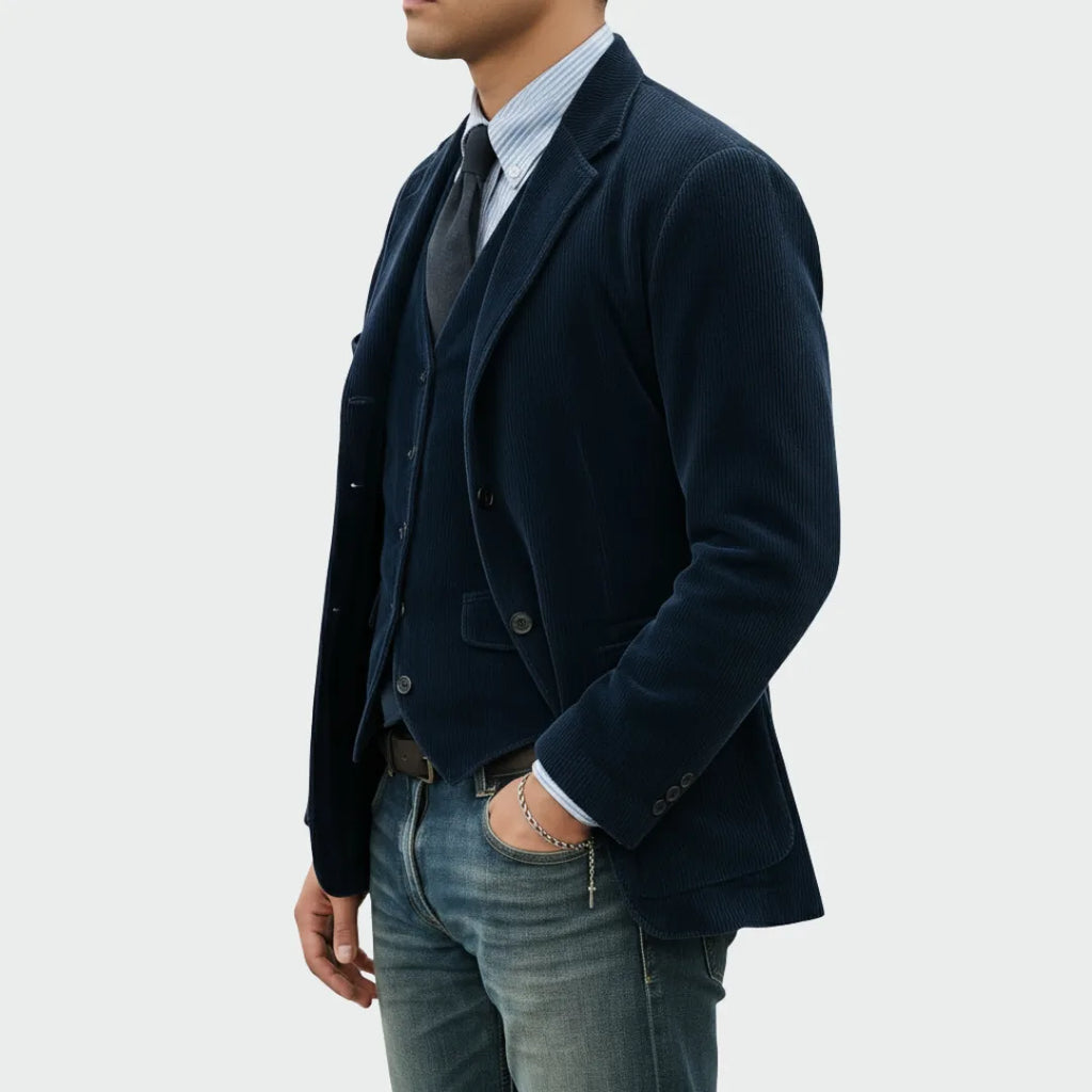 Side profile of the navy corduroy blazer showing the tailored silhouette and welt pockets
