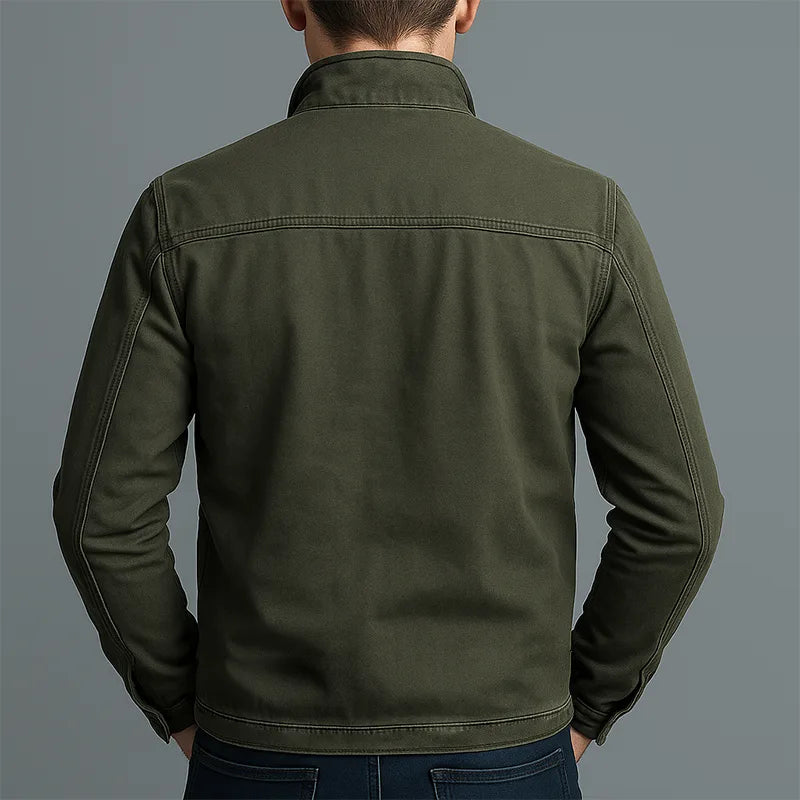 Back view of the olive green zip jacket showing the yoke seam detail and relaxed shoulder fit
