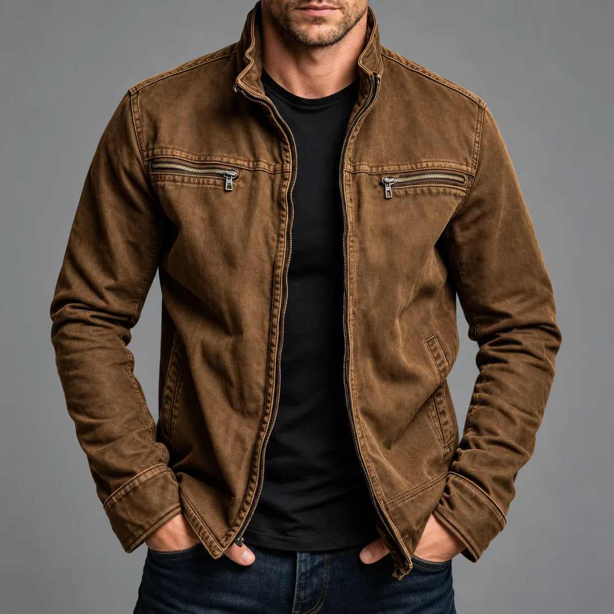 Man wearing a brown washed cotton zip jacket with stand collar, chest zip pockets and side pockets