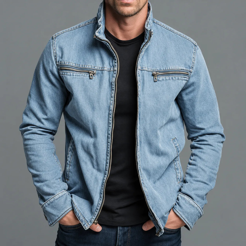 Man wearing a light blue washed denim-look zip jacket with stand collar and twin chest zip pockets