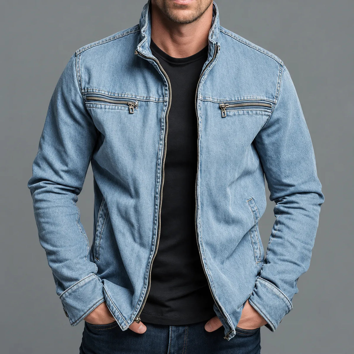 Man wearing a light blue washed denim-look zip jacket with stand collar and twin chest zip pockets