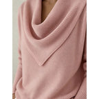 Close-up detail of the cowl neckline folds showing the ribbed knit trim and soft fabric texture