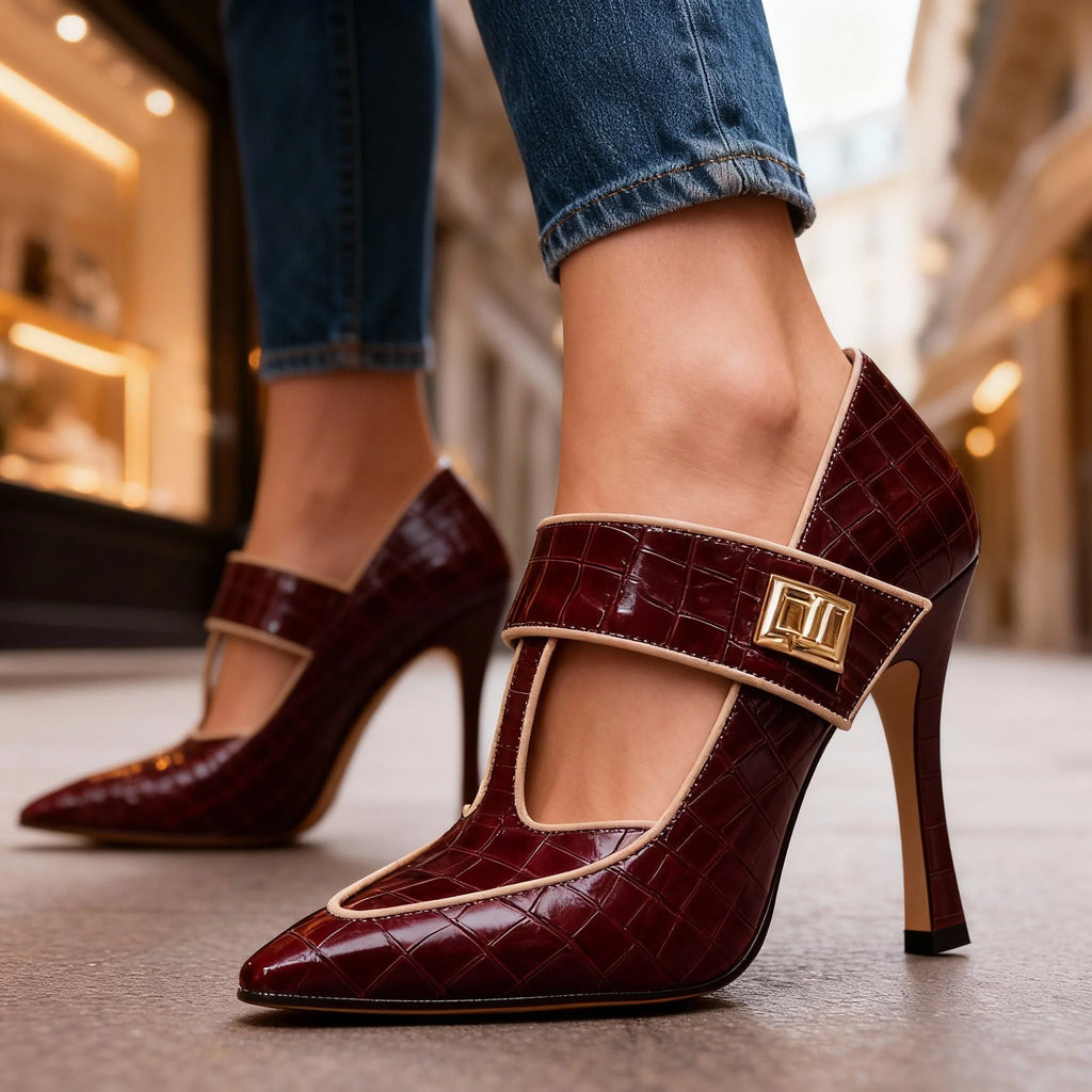 Close-up profile of burgundy croc-embossed heel with beige T-strap and gold hardware, paired with denim
