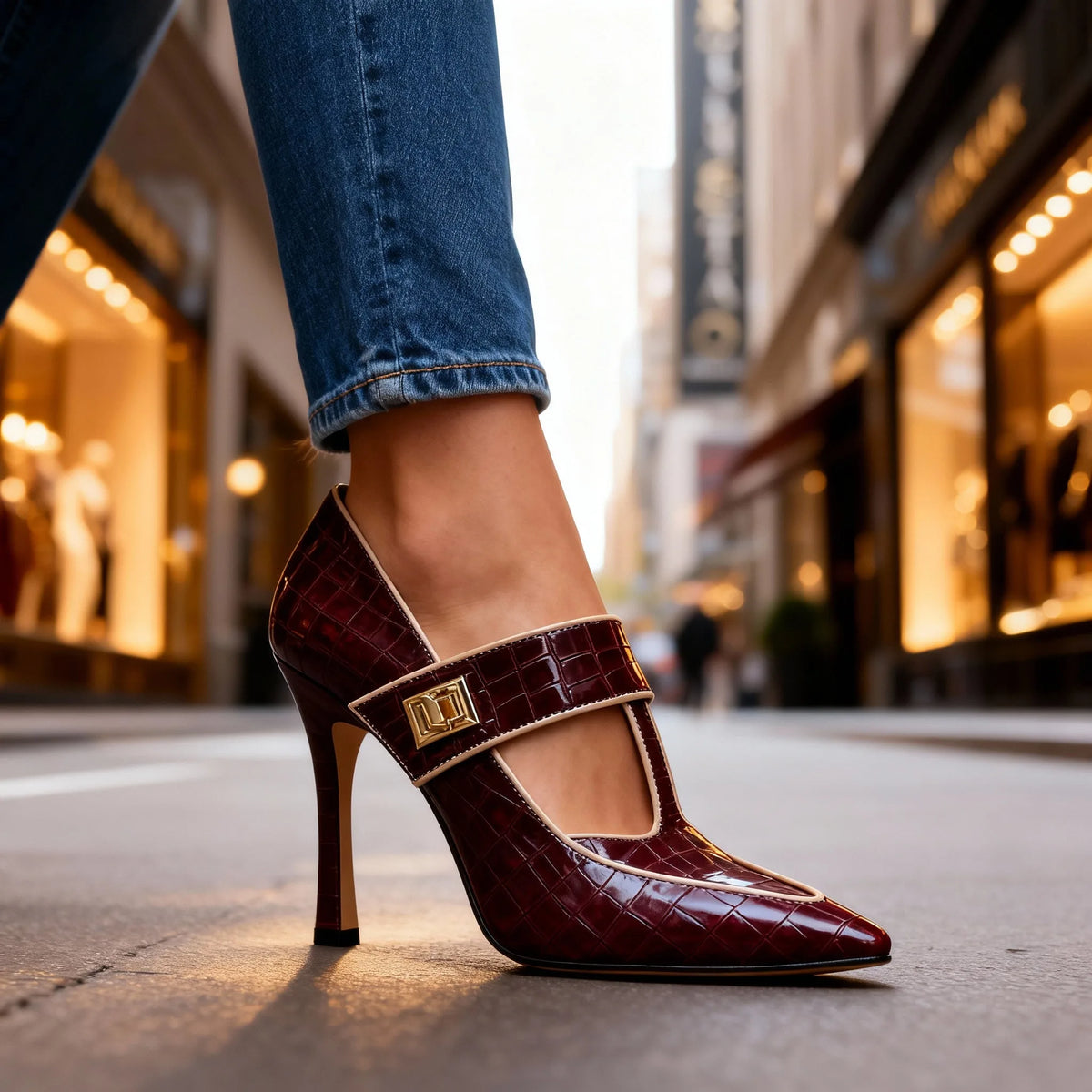Front angle of burgundy pointed-toe stiletto with beige piping and gold buckle detail outdoors