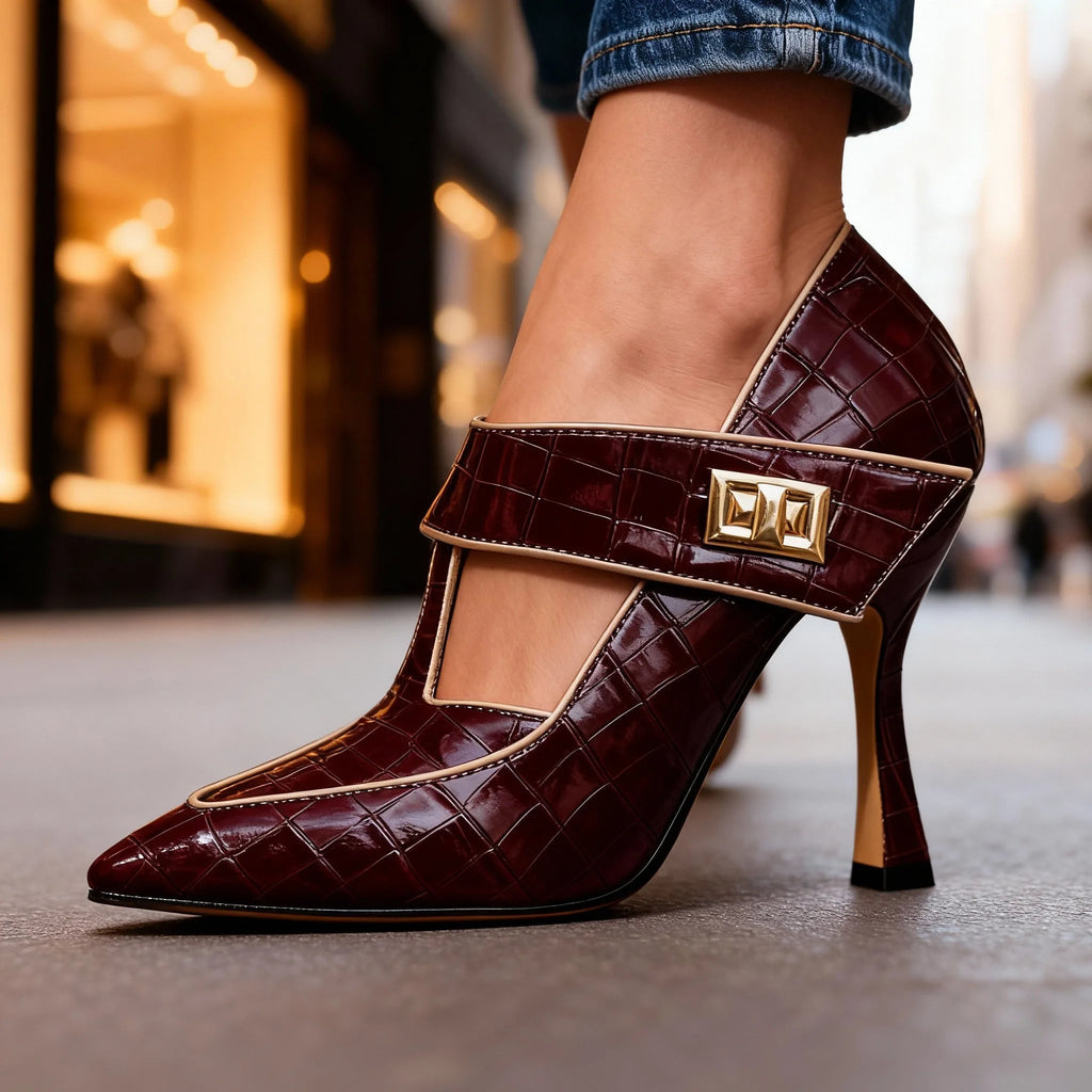 Rear angle of burgundy stiletto highlighting the slender heel and croc-textured leather upper