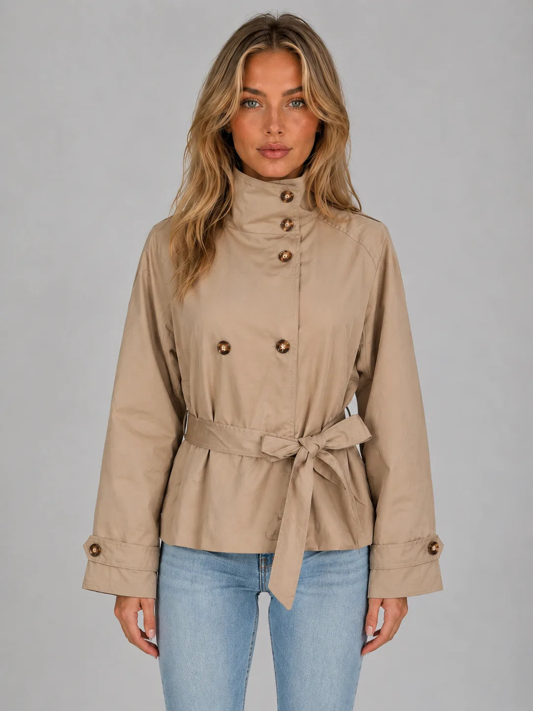 Front view of model wearing a beige cropped trench jacket with tortoiseshell buttons and a tied waist belt over blue jeans