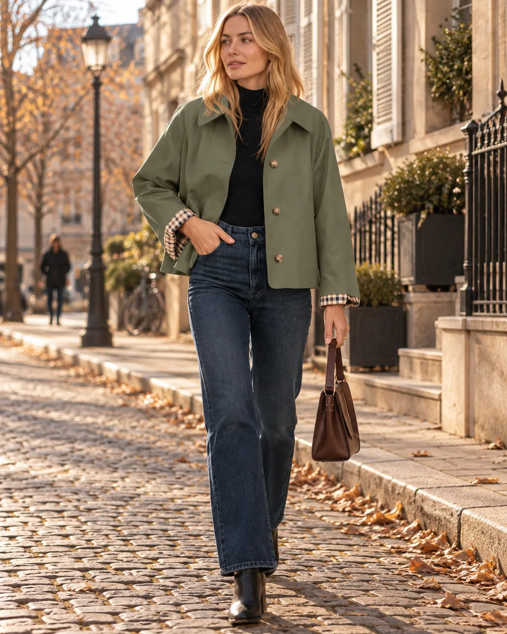 Green short jacket with notch collar and tortoiseshell buttons worn over a black top, styled with denim and ankle boots