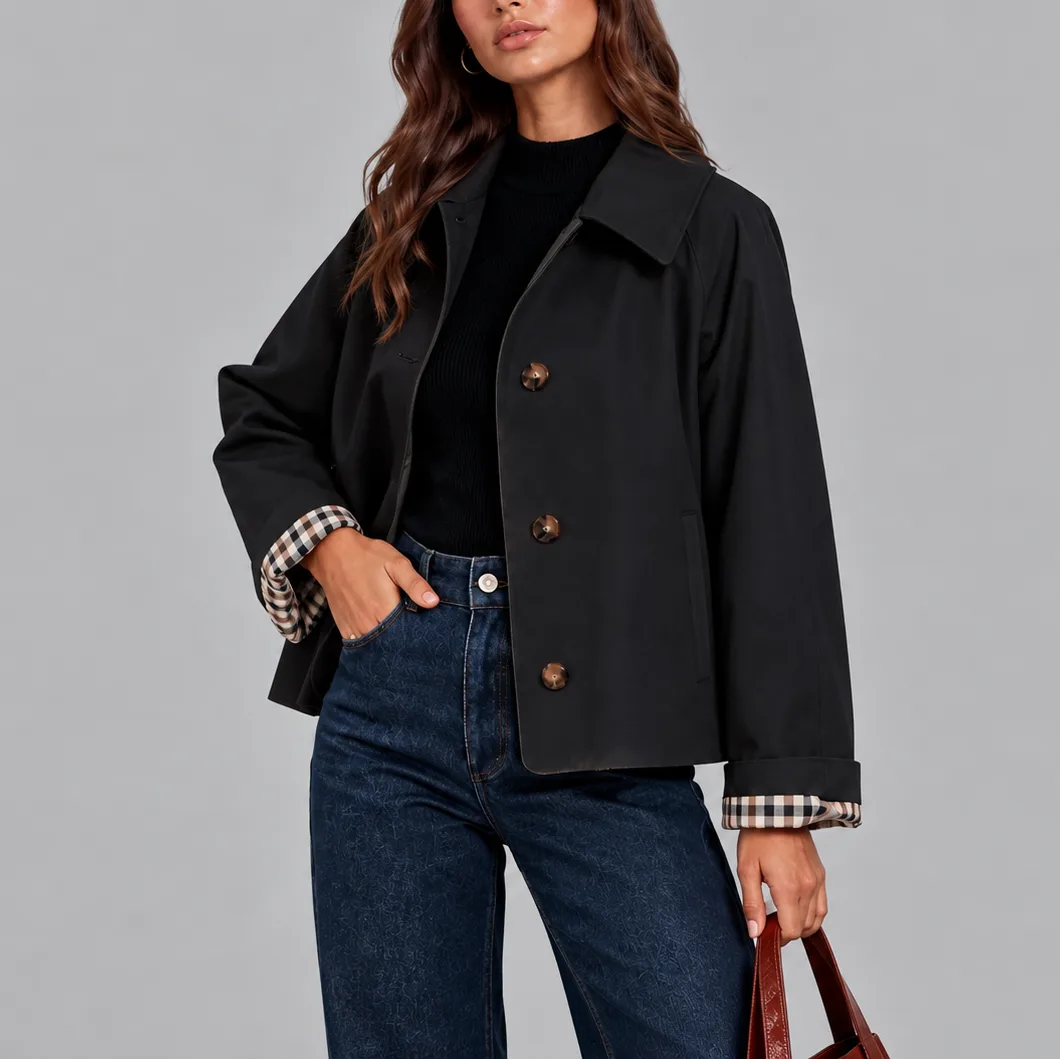 Close-up of a black cropped trench jacket showing the tortoiseshell buttons and collar detail
