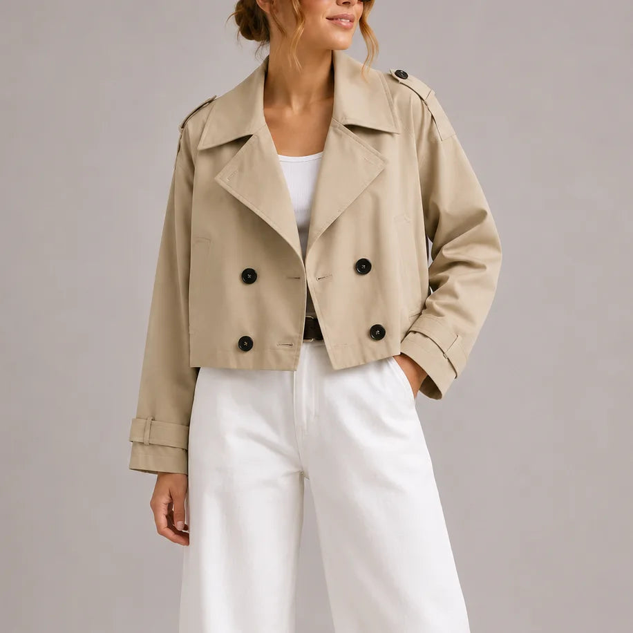 Front view of a beige cropped double-breasted trench jacket with oversized collar worn over white wide-leg trousers
