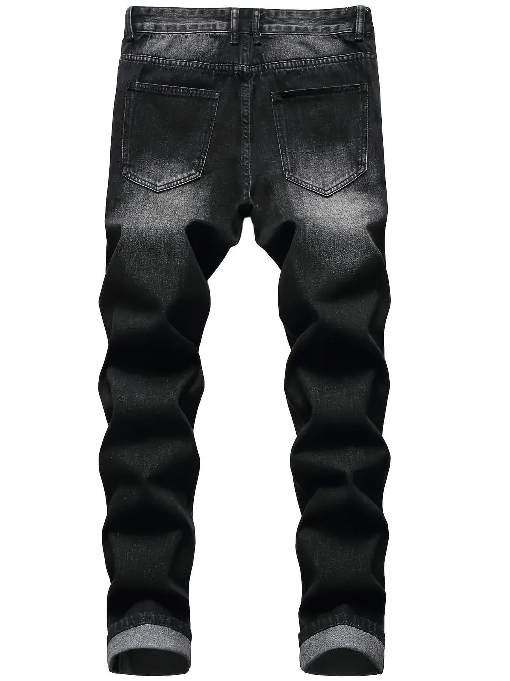 Back view of dark grey distressed jeans showing faded wash and classic five-pocket styling