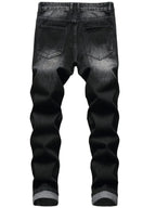 Back view of dark grey distressed jeans showing faded wash and classic five-pocket styling