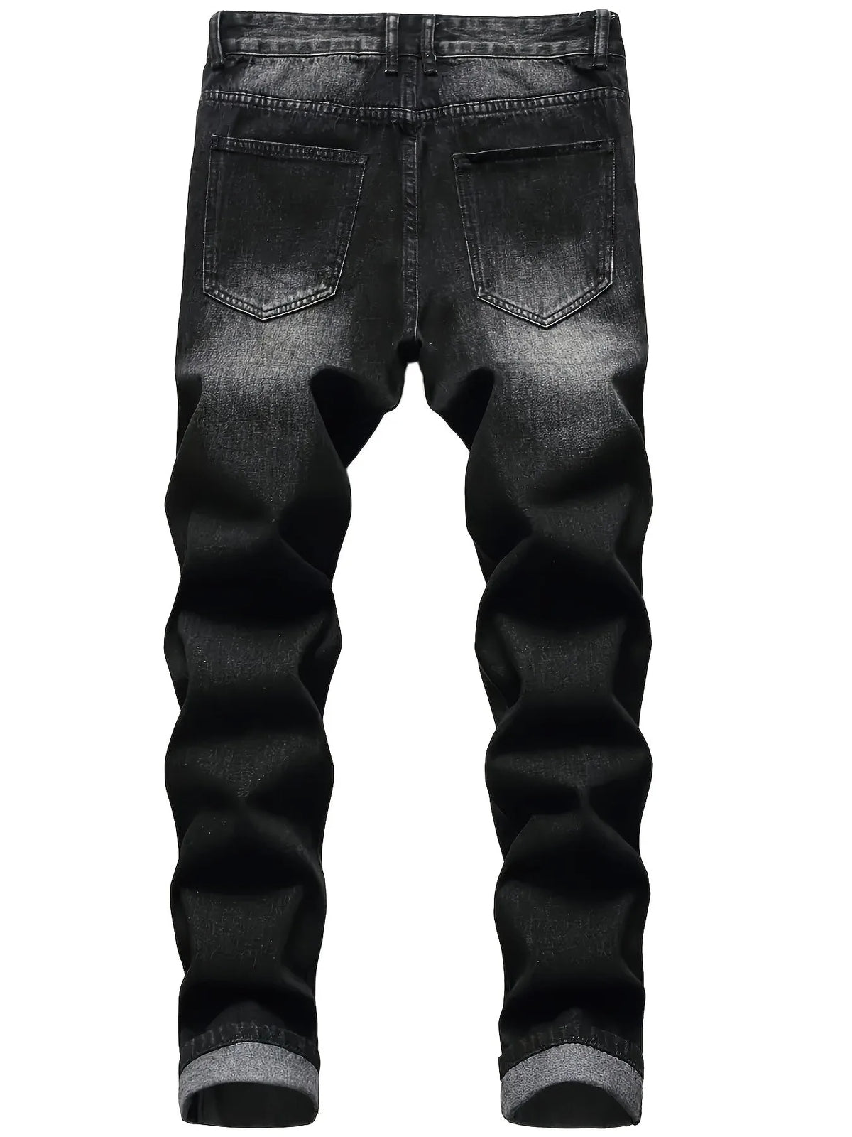 Back view of dark grey distressed jeans showing faded wash and classic five-pocket styling