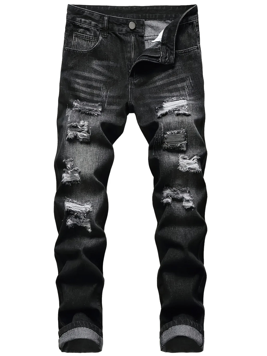 Flat lay front view of dark grey ripped denim trousers with distressed knee and thigh panels