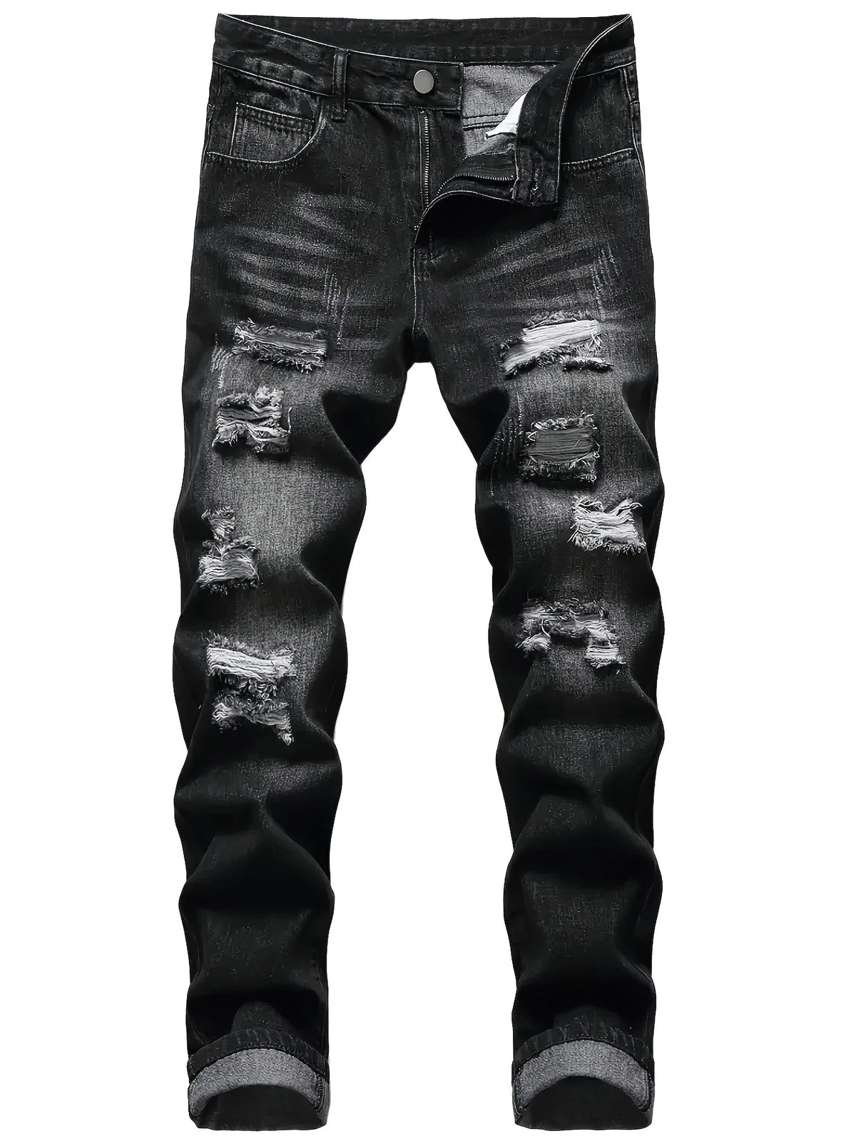 Flat lay front view of dark grey ripped denim trousers with distressed knee and thigh panels